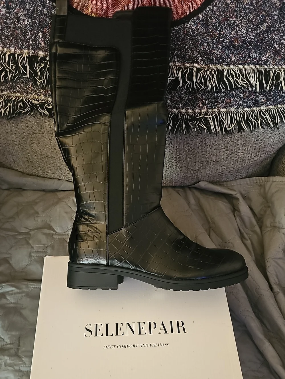 Black Croc-Embossed Over-the-Knee Boot
